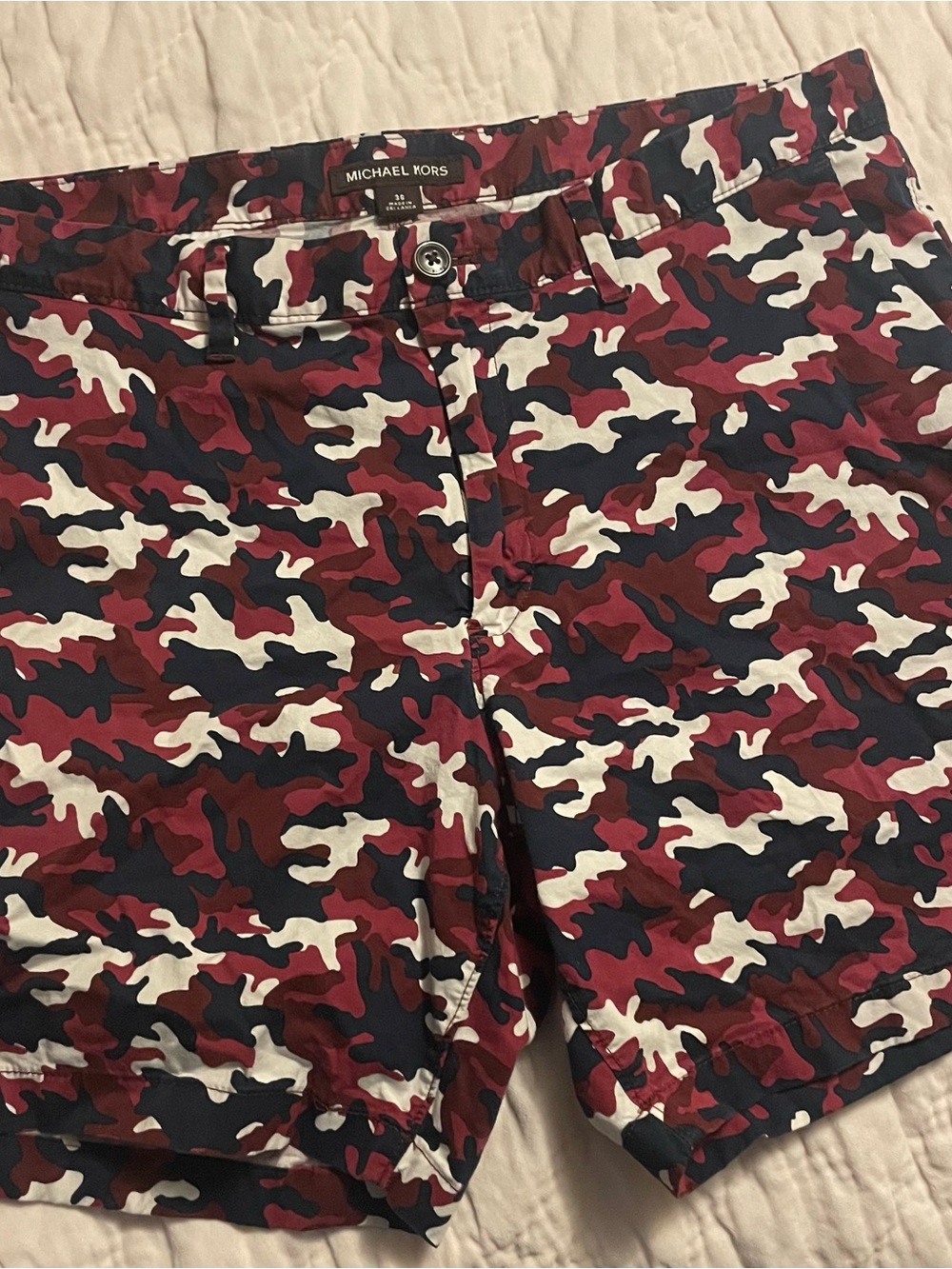 Michael Kors Burgundy, Navy & White Camouflage Flat Front Shorts